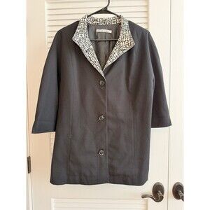 Peter Nygard Black Blazer Jacket Womens M/L 3/4 Sleeve Patterned Collar Career